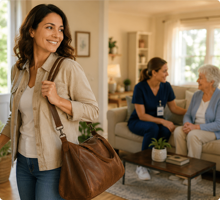 Smiling woman with a brown handbag walks through a living room; a caregiver chats with an elderly woman in the background.